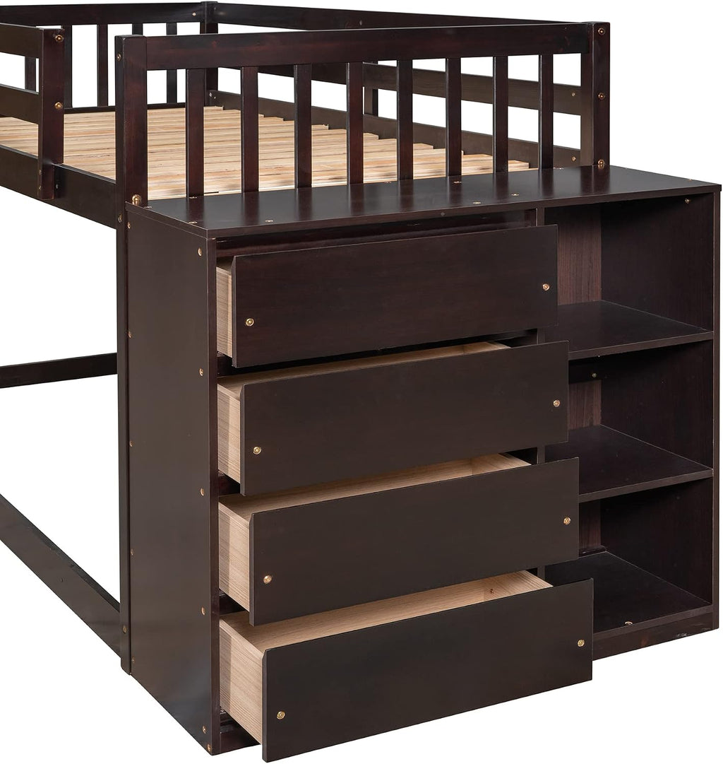 Twin-Over-Twin Size Bunk Bed, Bedroom Furniture Pine Wood Bed Frame with Storage Drawers and Open Shelves, Drawers and Shelves Set Can Be Moved, for Kids & Teens (Espresso)