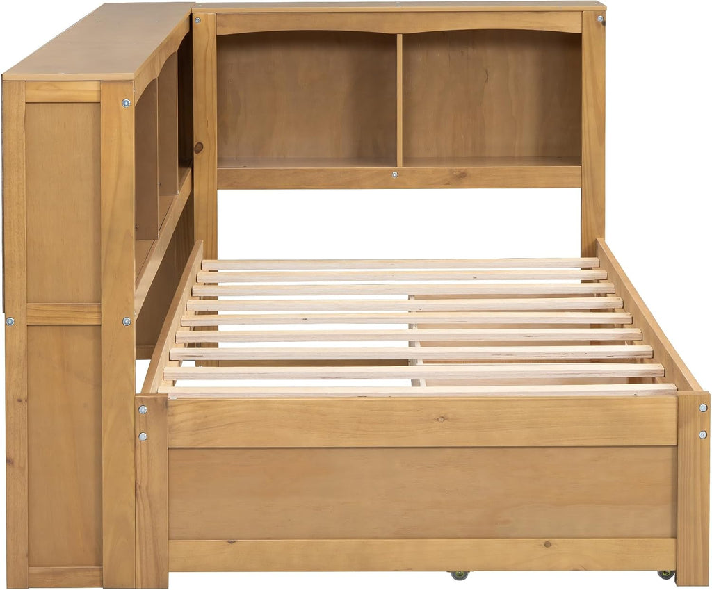 Modern Twin Size Daybed with 2 Storage Drawers, Multifunctional Solid Wood Sofa Bed Frame with Storage Cabinets, USB Portsand and Built-In Charging Station for Living Room,Guest Room (Wood-186J)