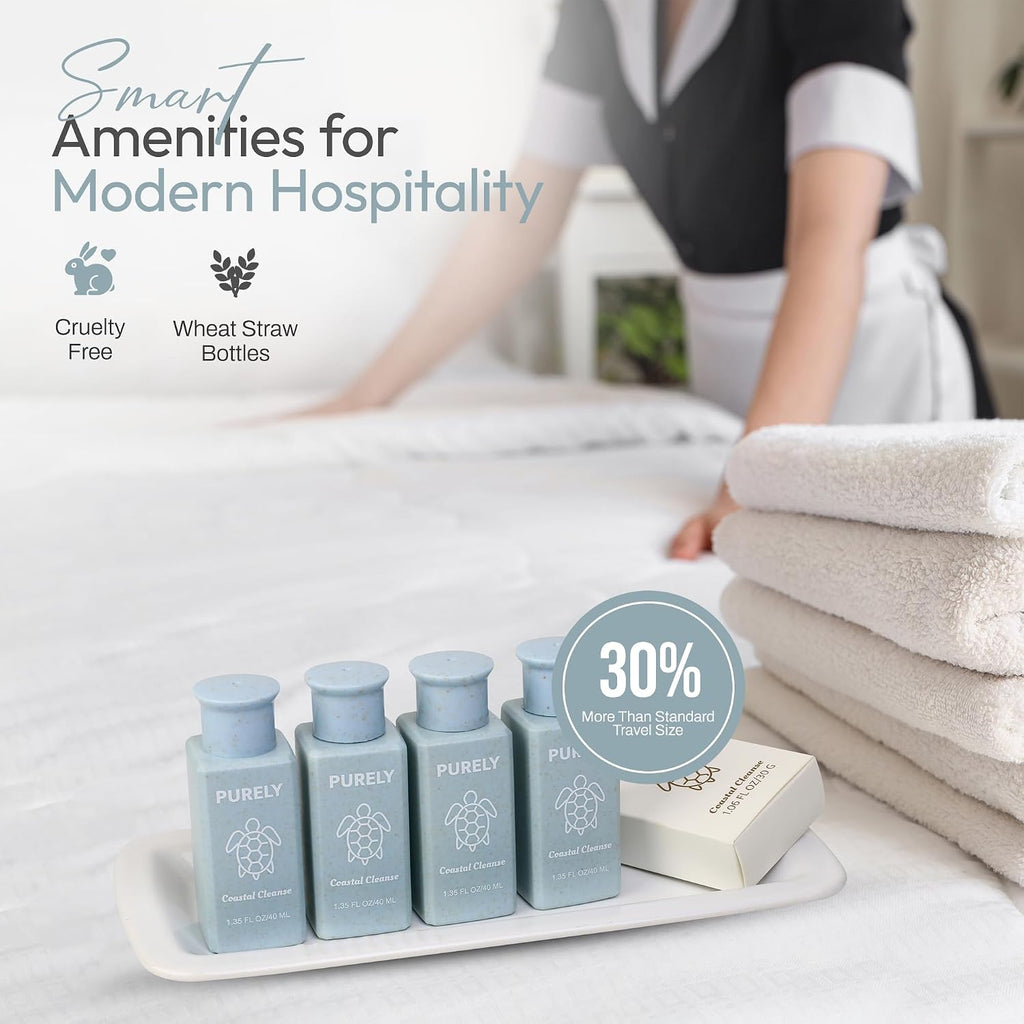 Purely | 150pc set | Hotel Soaps and Toiletries Bulk set | Airbnb Essentials for Hosts | Mini Travel Size Shampoo and Conditioner Sets | Bulk Travel Size Toiletries | Homeless Supplies Bulk