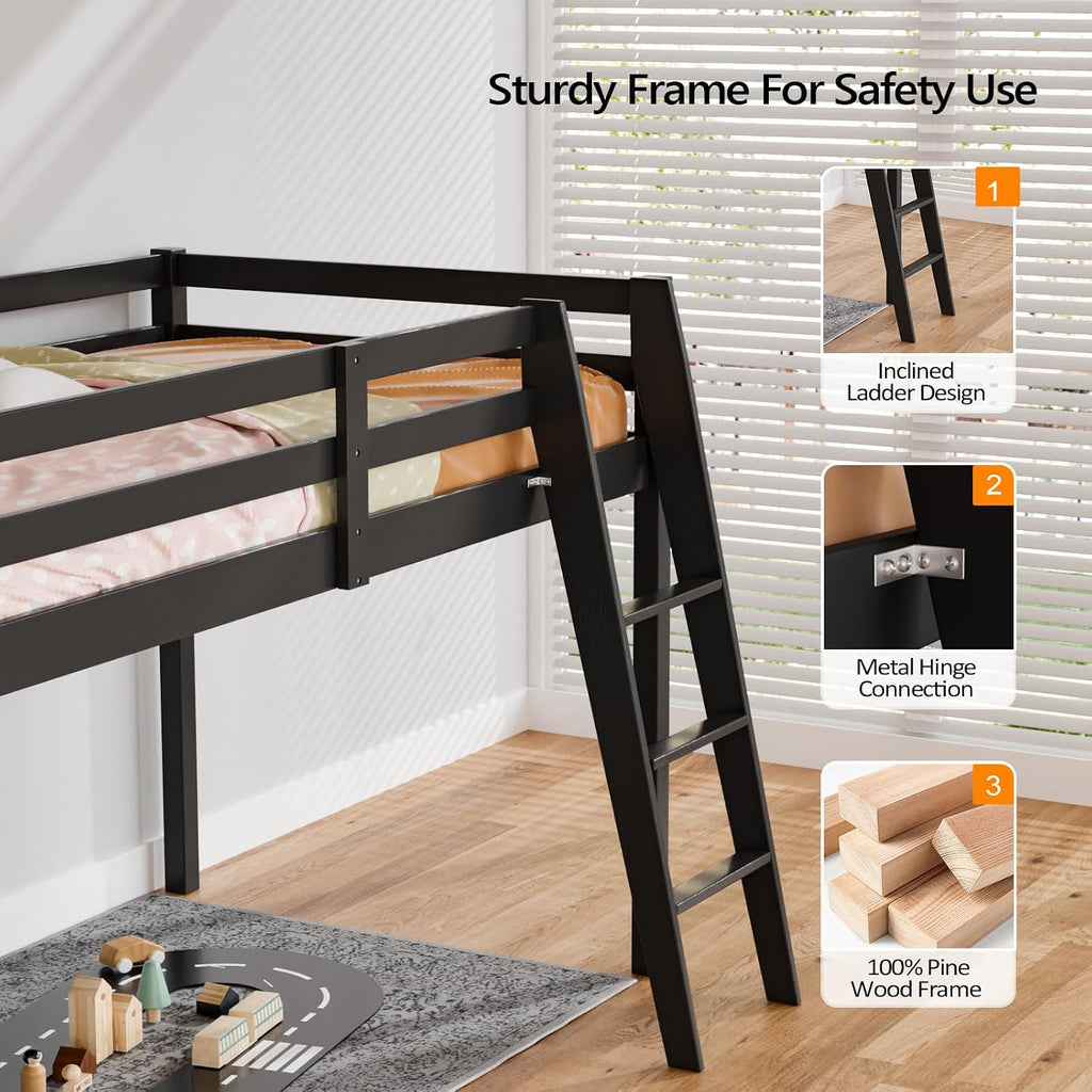 VINGLI Junior Low Loft Bed with Stairs, 47 Inches High Sleeper Bed Full Size for Adults, Kids and Young Teens, No Box Spring Required, Solid Wood Slat Support, Black