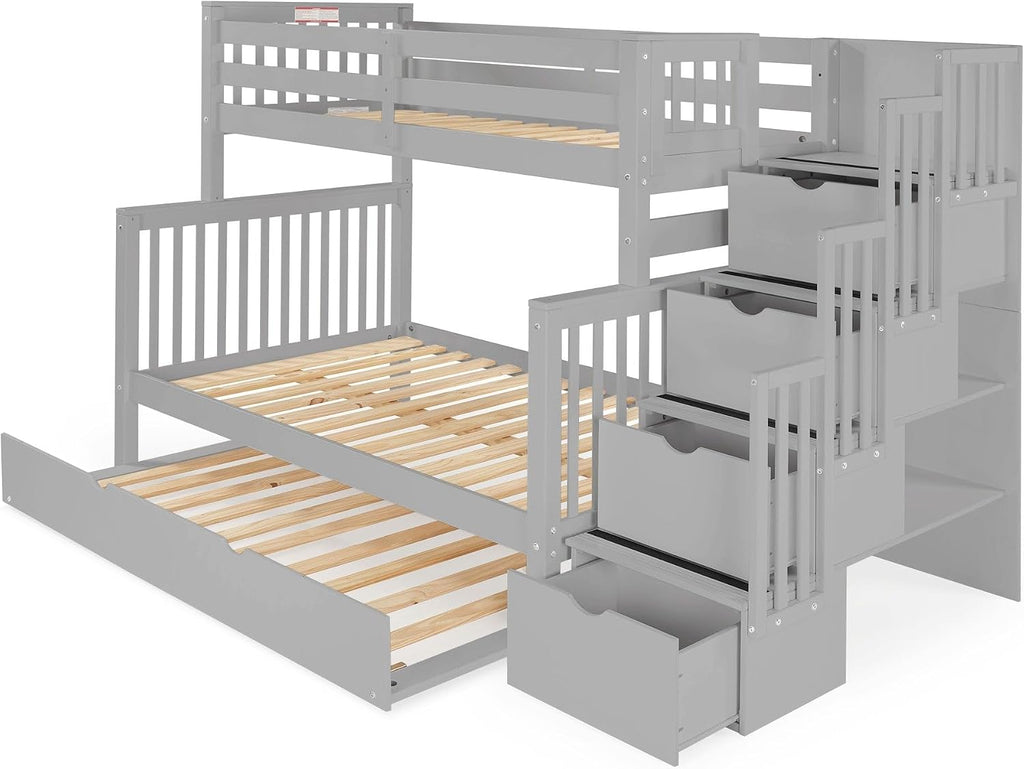 Bedz King Stairway Bunk Beds Twin Over Full, 4 Step Drawers, Twin Trundle, Gray