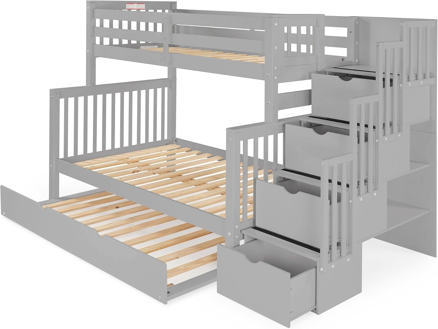 Bedz King Stairway Bunk Beds Twin Over Full, 4 Step Drawers, Twin Trundle, Gray