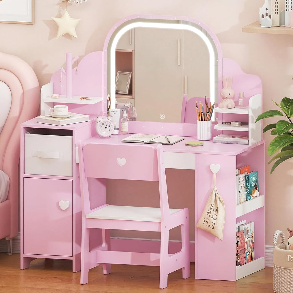 Frogprin Kids Vanity with Lights and Chair, Princess Makeup Vanity Desk with Mirror Bookshelf Storage Cabinet,3 in 1 Toddler Vanity Table,Makeup Dressing Table,Pretend Play Vanity for Little Girl-Pink