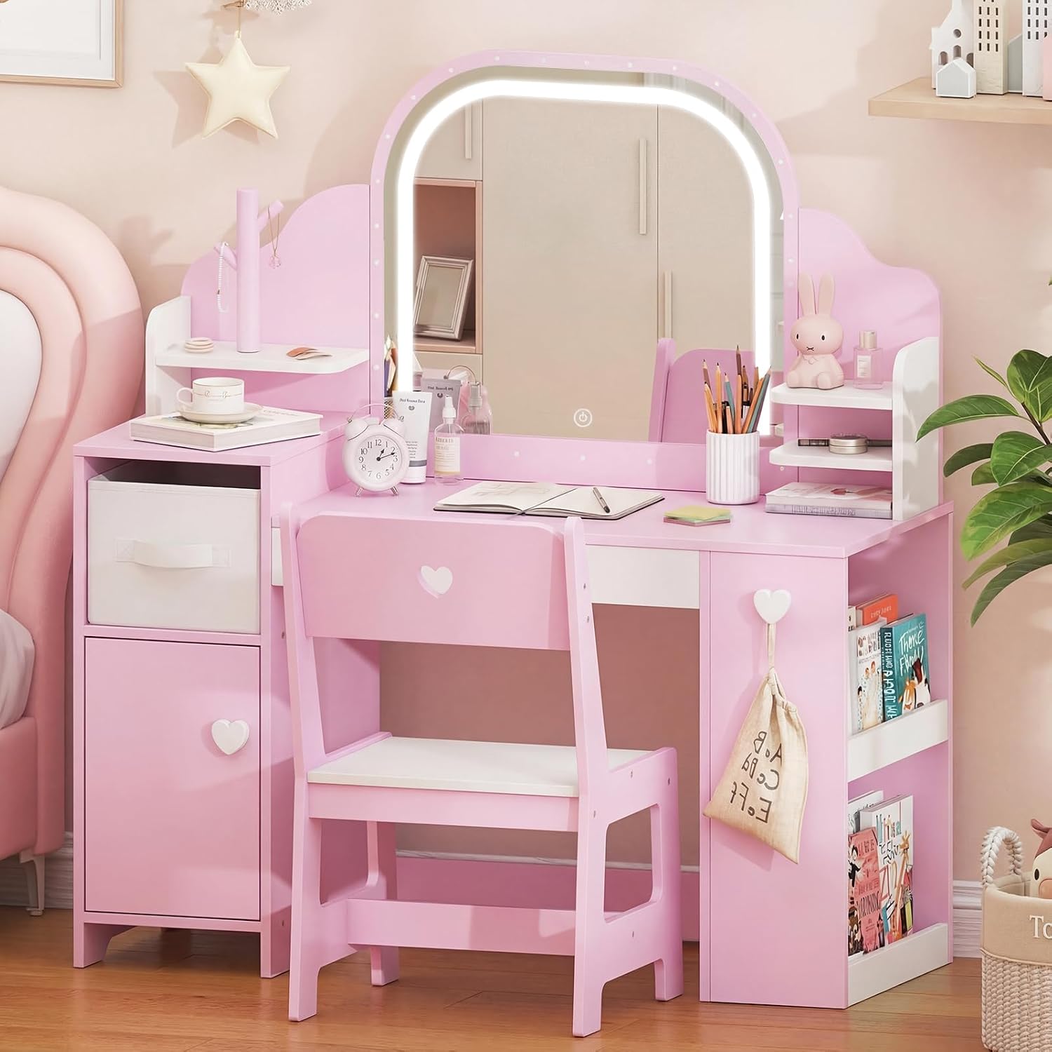 Frogprin Kids Vanity with Lights and Chair, Princess Makeup Vanity Desk with Mirror Bookshelf Storage Cabinet,3 in 1 Toddler Vanity Table,Makeup Dressing Table,Pretend Play Vanity for Little Girl-Pink
