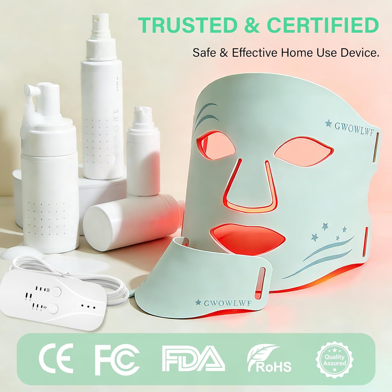 LED Face Mask Light Therapy with Neck, 7-Color Skin Care Mask for Home Use, Red 630±5nm & Near Infrared 830nm, Helps Reduce Wrinkles & Inflammatory Acne（Green）