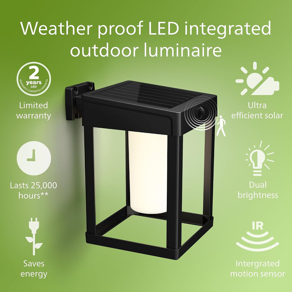 PHILIPS LED Ultra Efficient Solar Square Black Wall Lantern Outdoor 2-Pack Bright White (3000K) 250/20 Lumen (3W = 25W) Weather Resistant