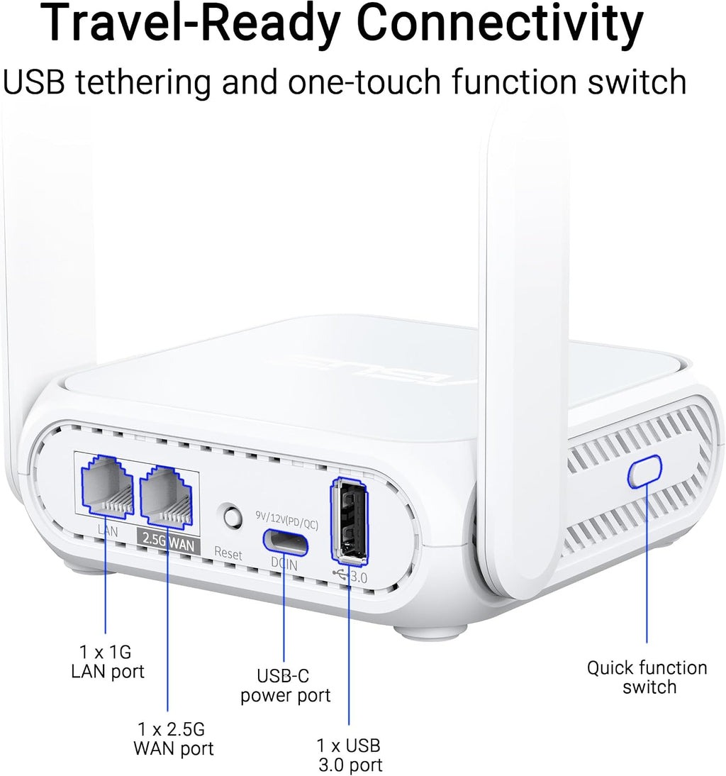 ASUS RT-BE58 Go Portable Mini Travel Router - WiFi 7, Dual-Band, 2.5G Port, Up to 3.6Gbps Wireless, Secure Public WiFi, Mobile Tethering, Mesh Compatible, USB-C Power,RV/Cruise/Hotel/Mobile