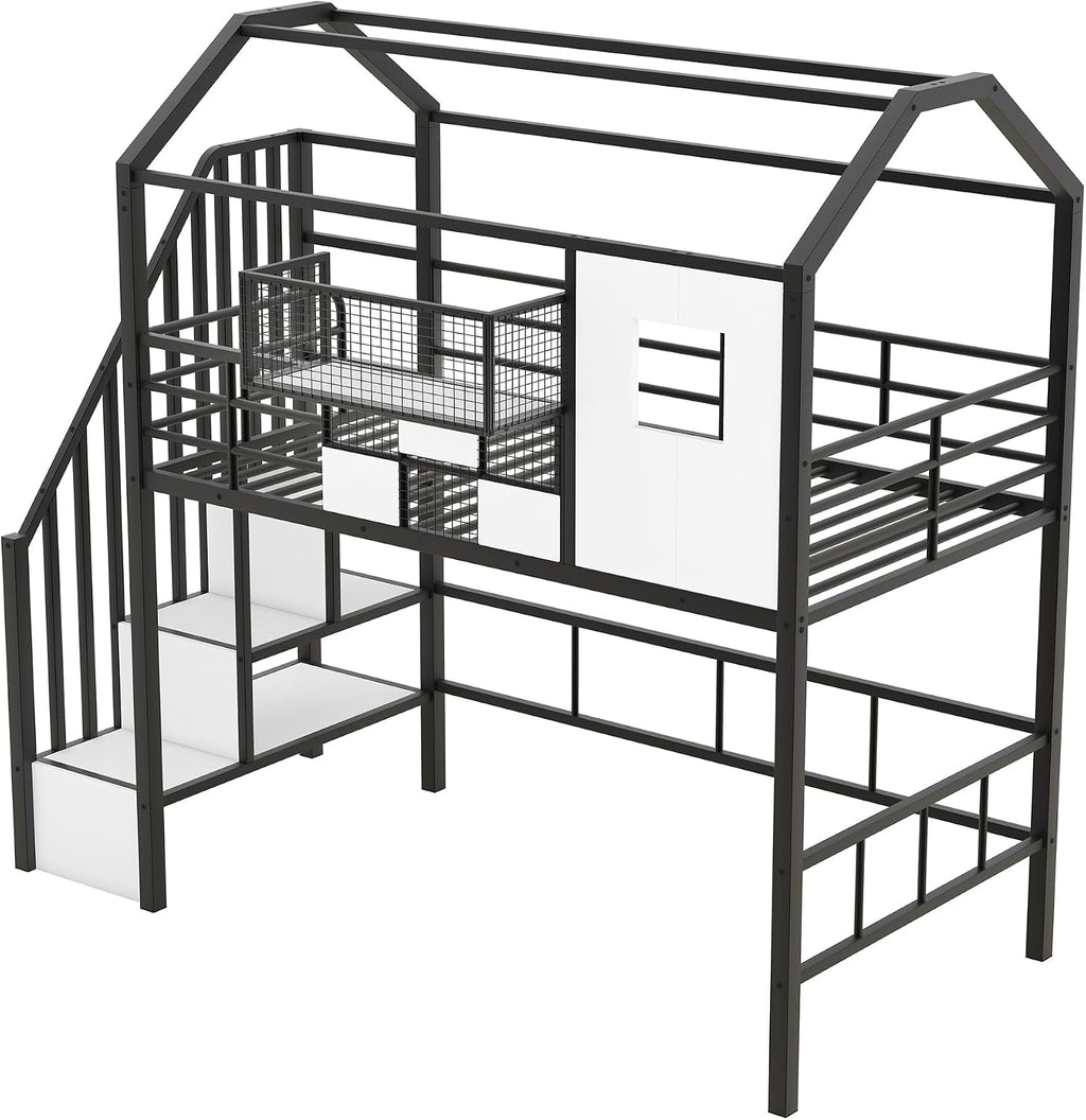 GOWE Metal Loft Bed with roof Design and a Storage Box, Twin, Black