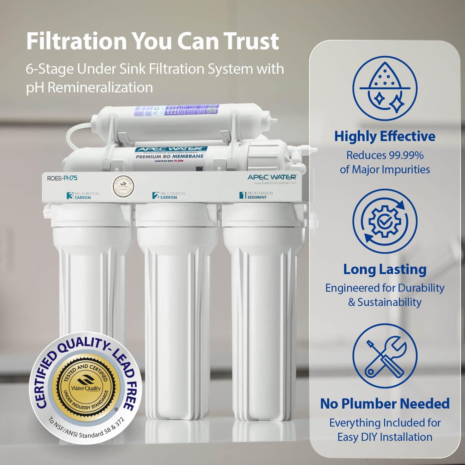 APEC Water ROES-PH75, 6-Stage Alkaline Under Sink Reverse Osmosis Water Filter System, NSF Certified 372 & 58, 75 GPD, Reduces 99% of Impurities
