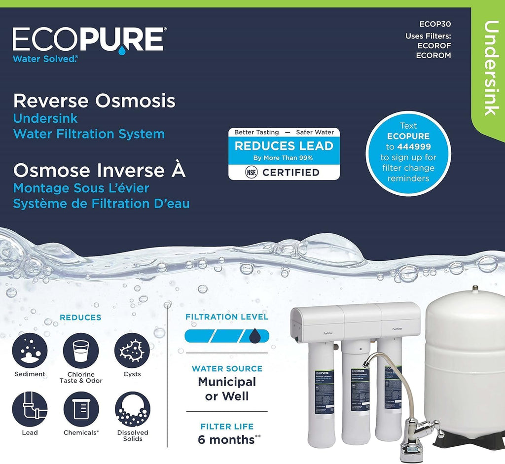 EcoPure Reverse Osmosis Filter and Membrane Set - Includes Membrane ECOROM and Pre/Post Filter Set ECOROF - Plus Reminder Tag - NSF Certified Authentic OEM Parts for ECOP30 RO Unit - EcoPure Only