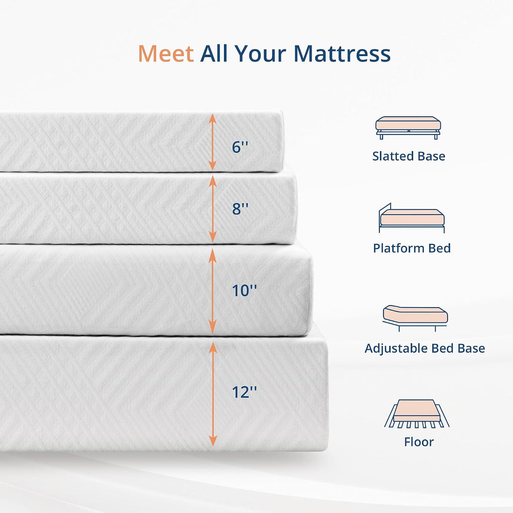 MLILY EGOHOME 12 Inch Queen Green Tea Gel Infused Memory Foam Mattress for Cool Night & Pressure Relief, Medium Firm, Fiberglass-Free, CertiPUR-US, Mattress in a Box, White