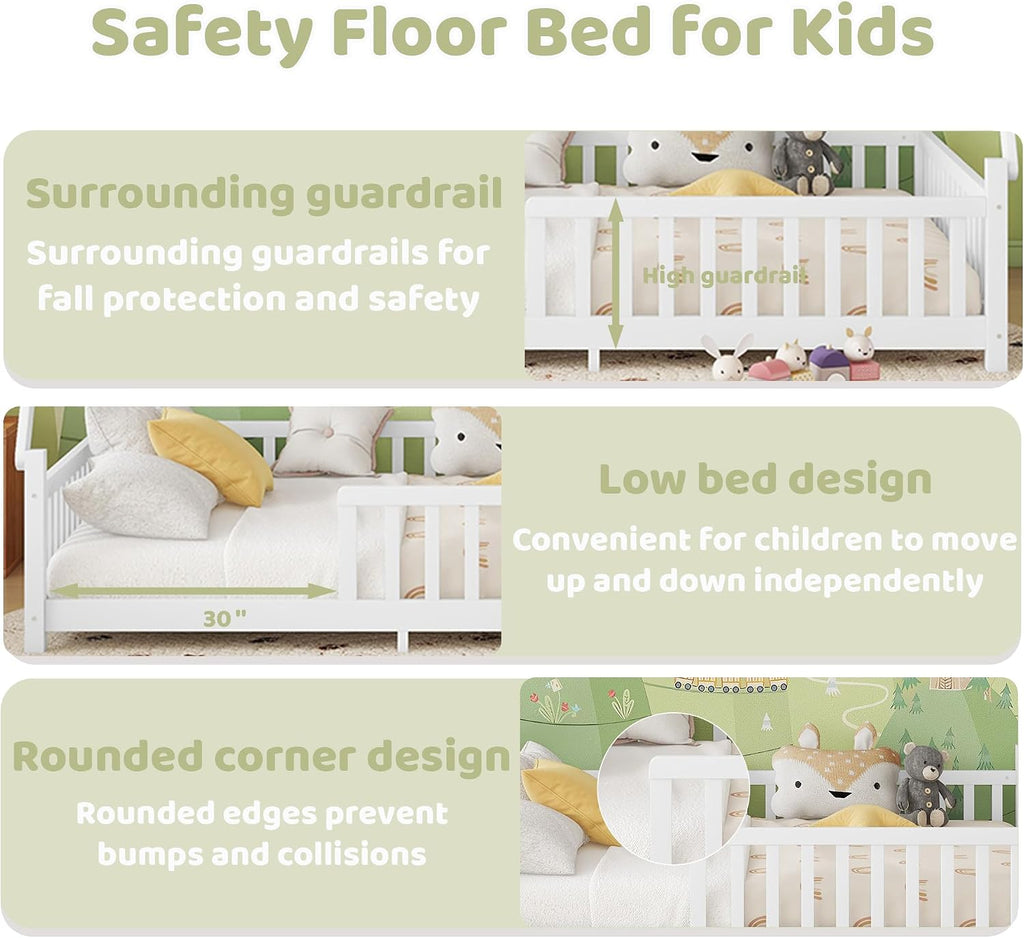Full Montessori Kids Floor Bed with Rails and LED Light, Low Full Beds Frame with Fence and Removable Roof, Wood Montessori Floor Bed Frame for Kids, Girls, Boys, White