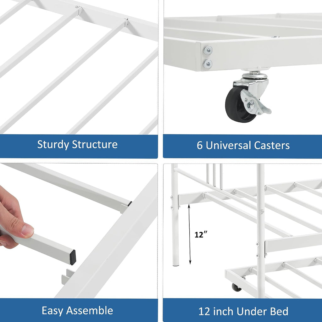GarveeHome Daybed with Trundle, Sturdy Metal Day Bed with Steel Slat Support, Trundle Bed Twin with Arched Headboard, SofaBed for Living Room, Bedroom and Guest Room, White