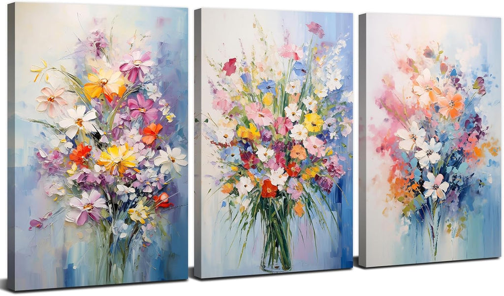 Colorful Flower Pictures Wall Decor Nature Wildflower Canvas Art for Bedroom Abstract Botanical Floral Oil Painting Prints Artwork Daisy Poppy Bouquet Poster Living Room Home Decorations 20x30' 3 Pcs
