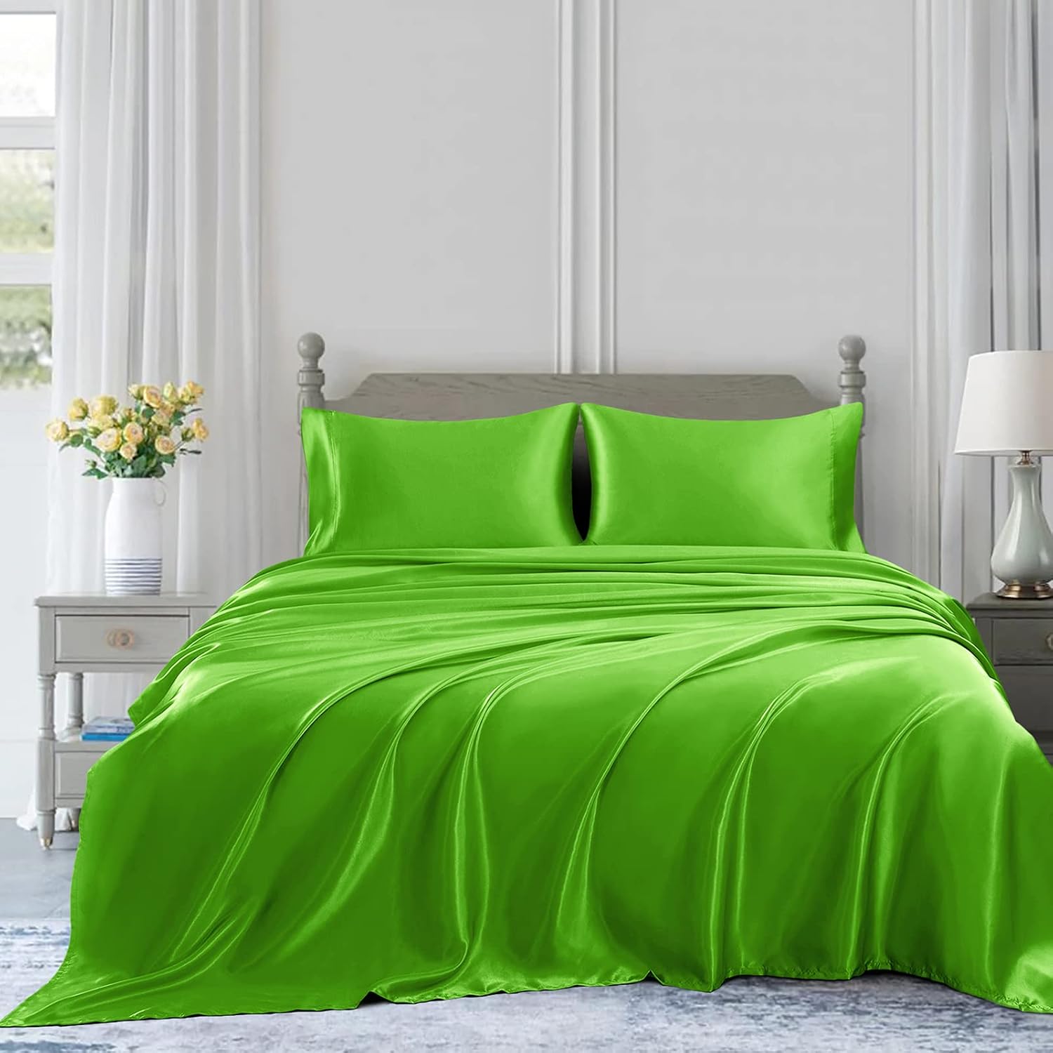Twin XL Size 4-Piece Sheet Set Premium Mulberry Silk Bed Sheets Set Fits 14-16' Deep Pocket - Luxurious Soft Silk (Solid, Fruit Green)
