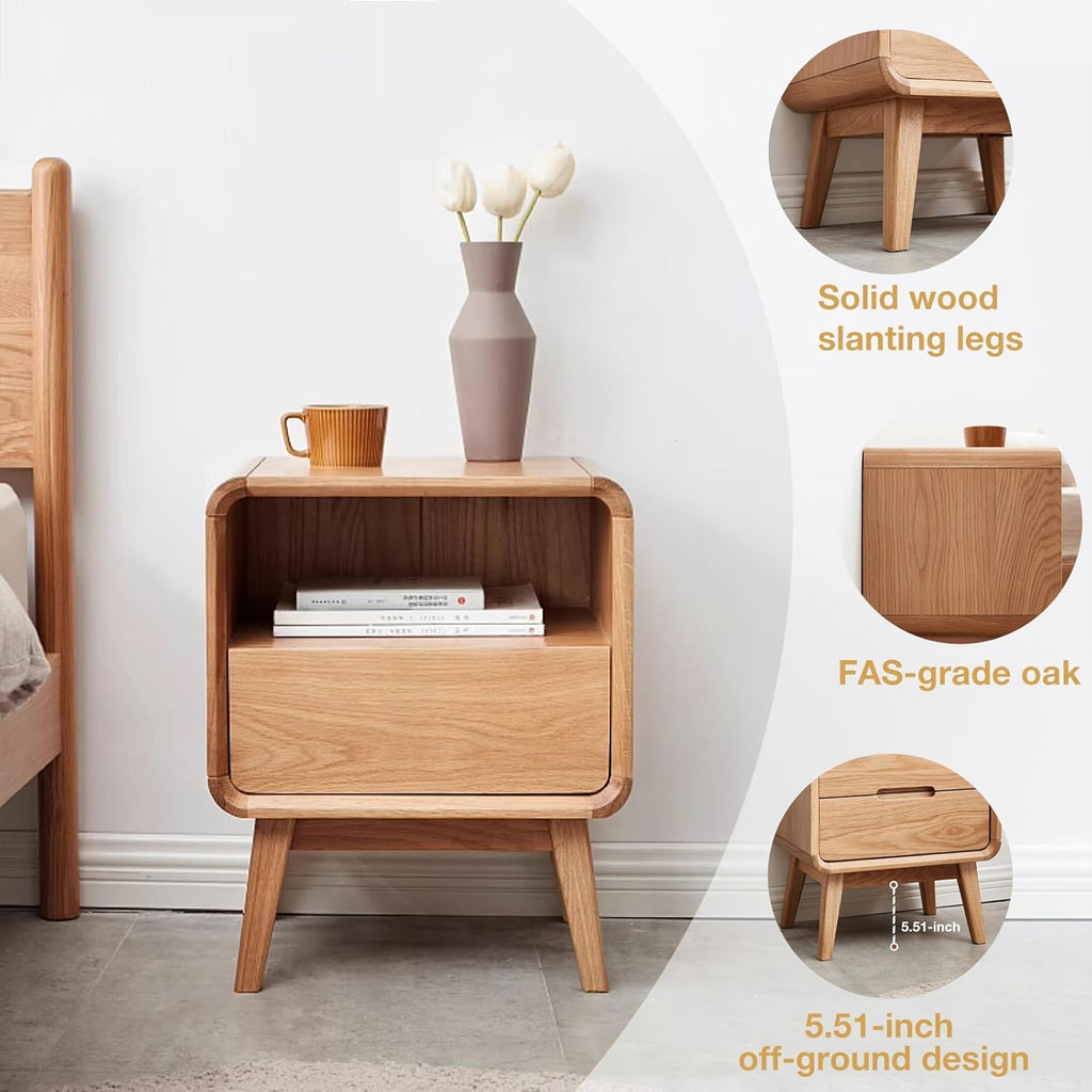 100% Solid Oak Wood Nightstand, Natural Wood Nightstand with Drawer Open Shelf, Mid Century Modern Night Stand, Small Side End Tables, Oak Bedside Table for Bedroom(16.54' Wx13.78 Dx20.47 H)