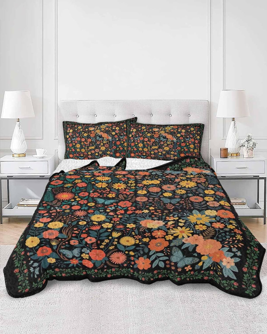 Quilt King Size Bedding Set, Boho Black Flowers Lightweight Summer Quilt 3 Pieces Bedding Sets, Spring Abstract Watercolor Floral Leaf Reversible Soft Bedspreads Coverlets with 2 Pillow Shams