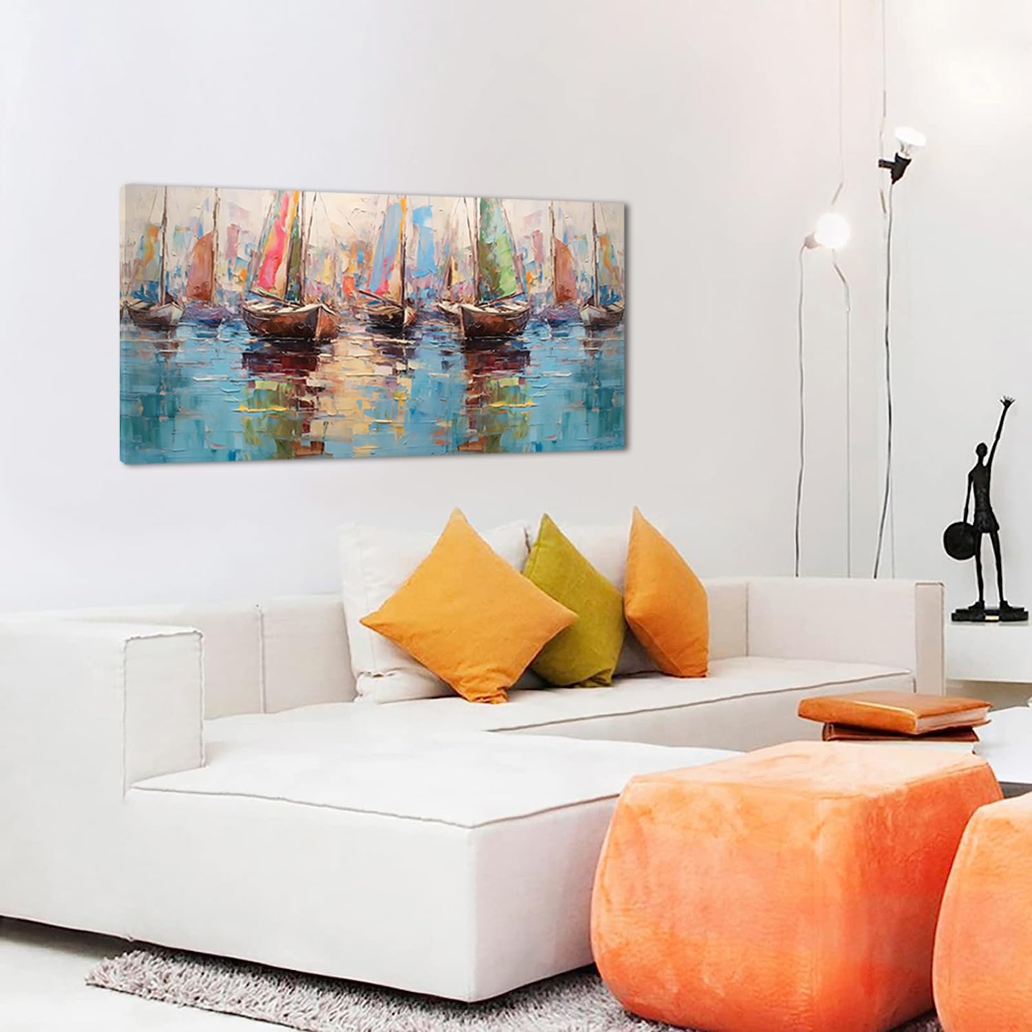 Colorful Boats on Water Oil Painting Style Wall Art Decor Artwork for Bedroom (30x60 Inches)