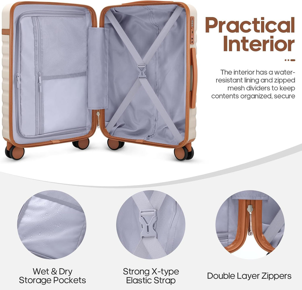 UKEIN Luggage Sets 3 Piece, PC Hardside Carry On Luggage 20 Inch With Spinner Wheels with TSA Lock, Carry On Suitcase Set With Travel Backpack for Men (Beige, 3 piece set (20/24/28inch))
