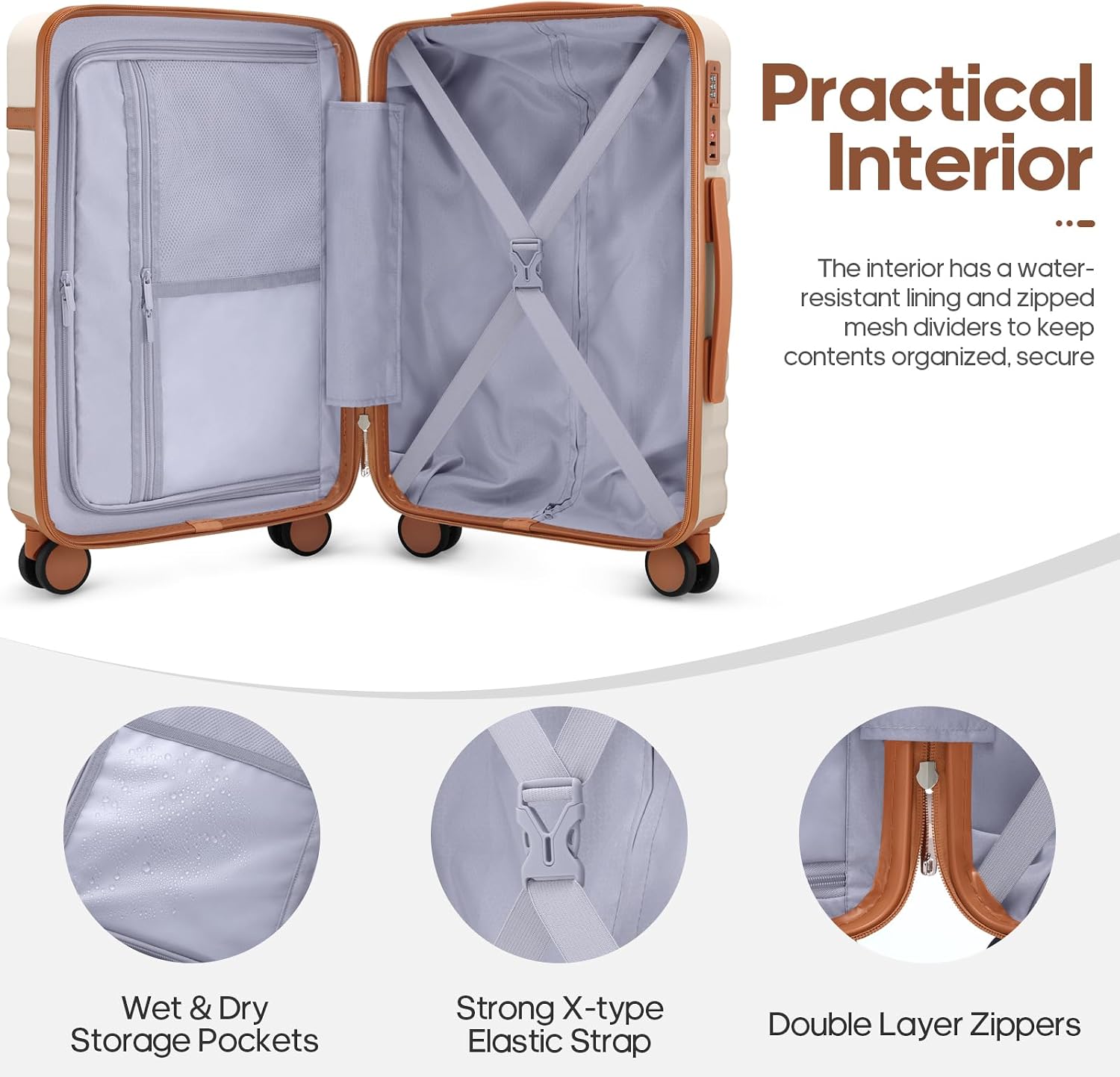 UKEIN Luggage Sets 3 Piece, PC Hardside Carry On Luggage 20 Inch With Spinner Wheels with TSA Lock, Carry On Suitcase Set With Travel Backpack for Men (Beige, 3 piece set (20/24/28inch))