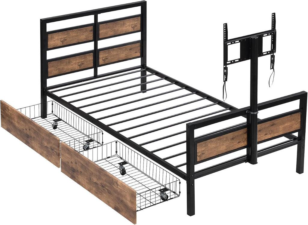 Twin Size Platform Bed with Two Storage Drawers and Rotatable TV Stand, Metal Bed Frame with MDF Headboard and Footboard, 14 Heavy-Duty Metal Sats, No Box Spring Needed (Black,Rotatable TV Stand)
