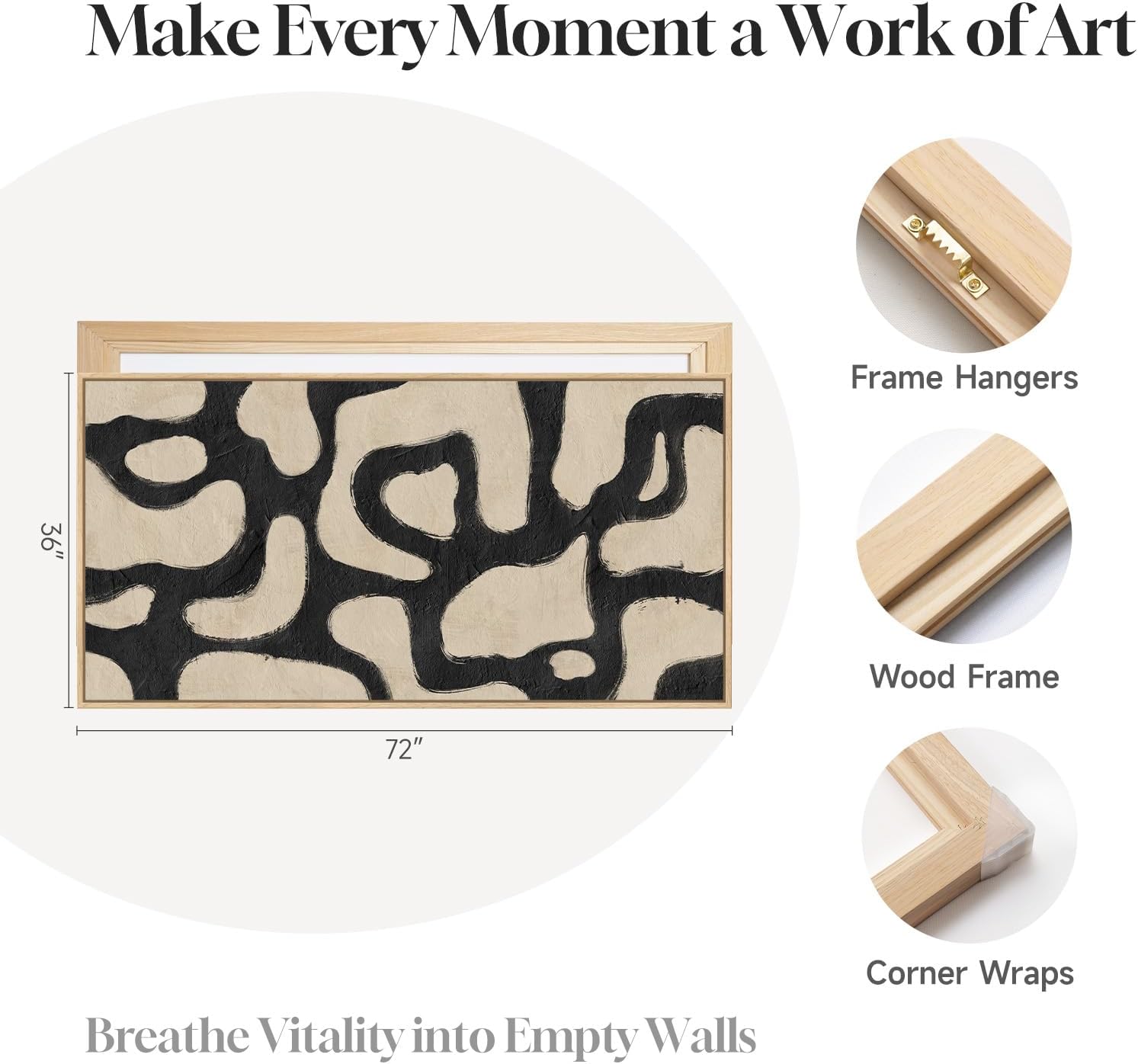 Oversized Framed Abstract Horizontal Wall Art for Living Room, Modern Neutral Black Beige Canvas Artwork for Walls, Extra Large Mid Century Paintings Print for Hallway Dining Room Wall Decor, 72x36 In