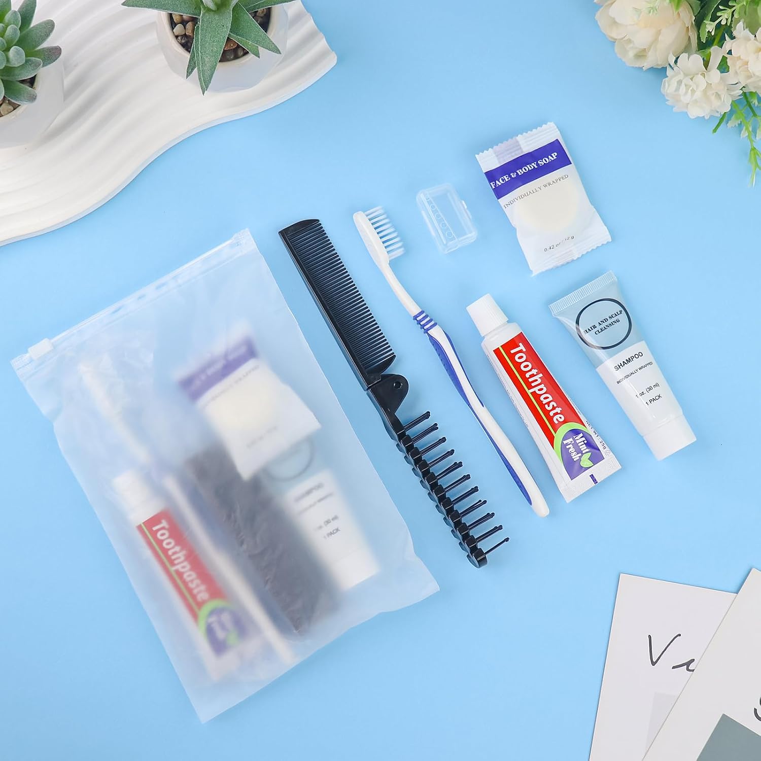 Travel Toiletries Supplies Kits Disposable Toiletry Amenities Set in Bulk, Hygiene Trial Size Personal Essentials Individually Wrapped 5-in-1 (100-Pack)