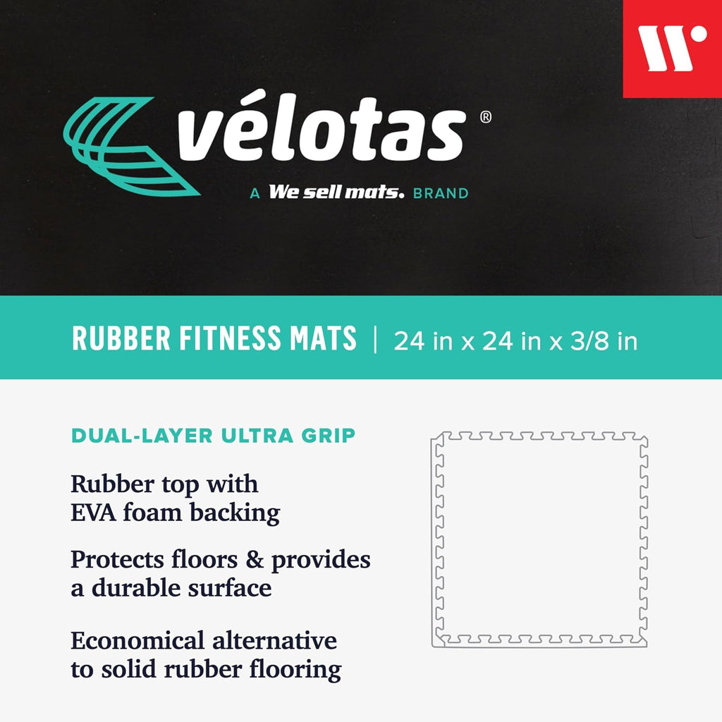 Velotas 3/8-Inch Thick Interlocking Foam Tiles with Rubber Top - Personal Fitness Mat, EVA Foam Puzzle Floor Tiles, for Home Gym Workouts