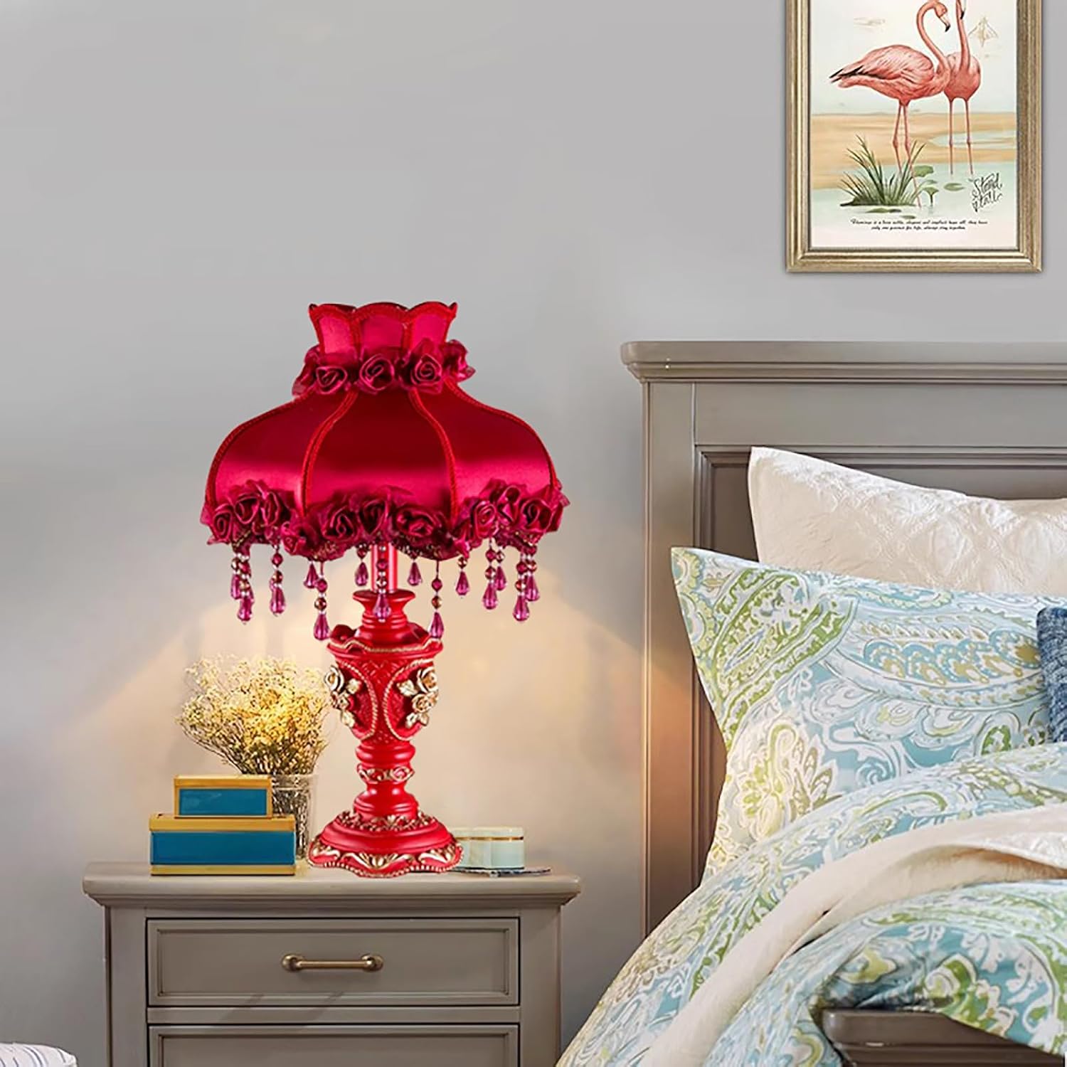 Victorian Lamp Antique Table Lamp,Vintage Fringe Lamp with Shade,European Pastoral Night Stand Flower Lamp Table Light for Bedroom Living Room(11.8' D x 11.8' W x 20.5' H, Red)