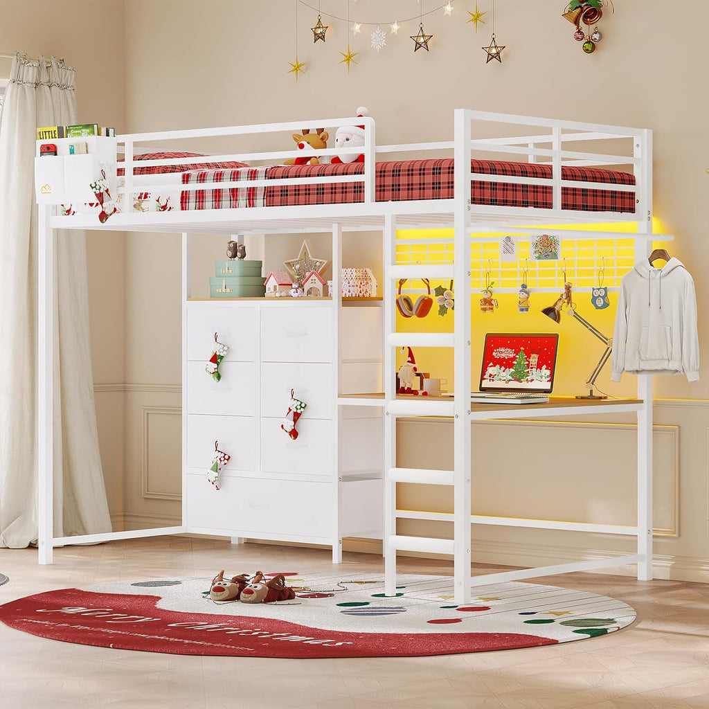Twin Loft Bed with L-Shaped Desk, 7 Storage Drawers, Metal Loft Bed Twin Size with LED Lights and Charging Station, Storage Shelf and Pegboard, Safety Guardrail and Ladder, No Box Spring Needed, White