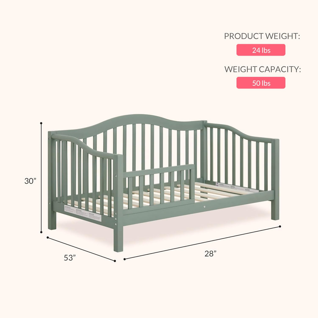 Dream On Me Austin Toddler Day Bed with Rails in Meadow Green, Low to Floor Toddler Day Bed, Greenguard Gold & Baby Safety Alliance Certified, Non-Toxic Finishes, Side Safety Guard Rail