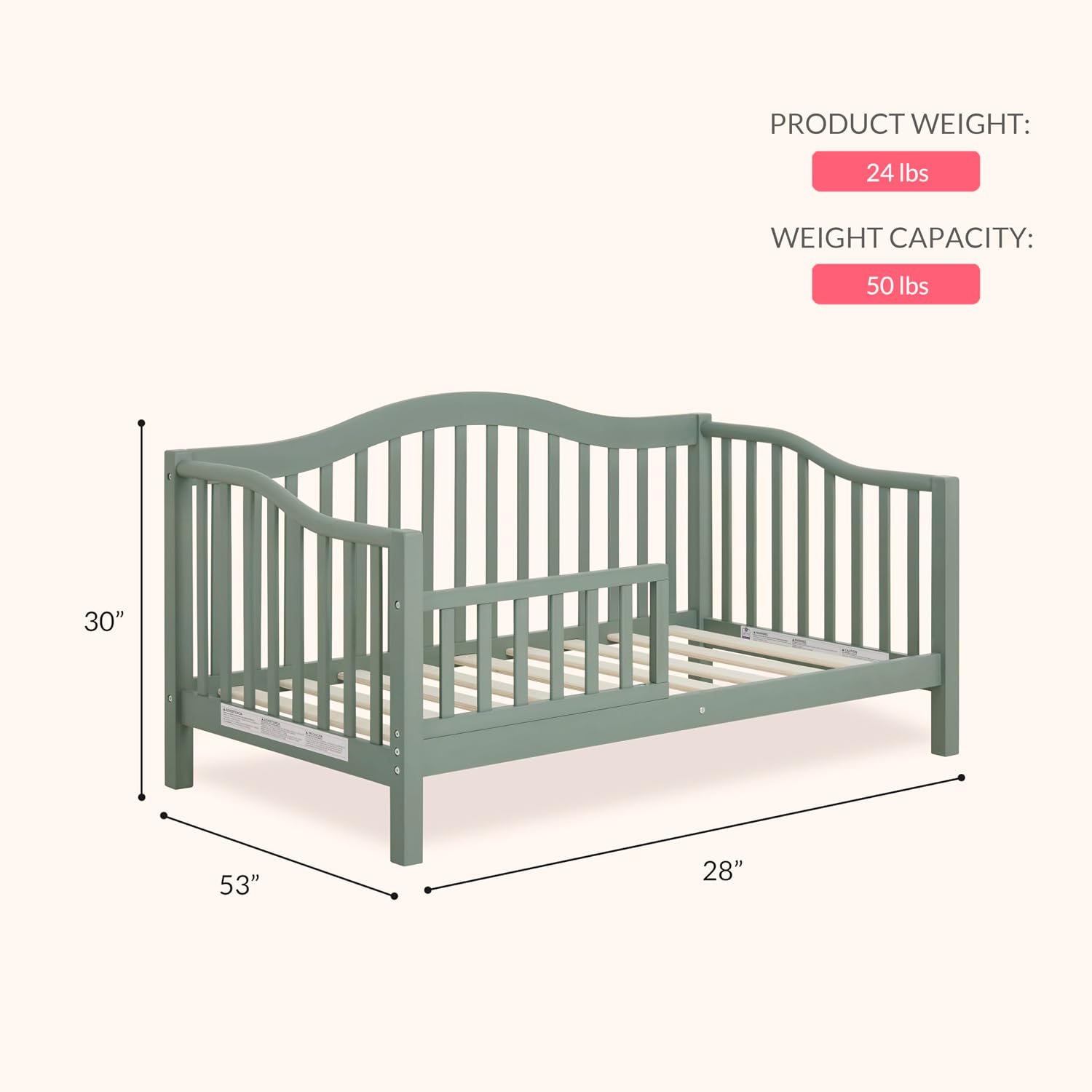 Dream On Me Austin Toddler Day Bed with Rails in Meadow Green, Low to Floor Toddler Day Bed, Greenguard Gold & Baby Safety Alliance Certified, Non-Toxic Finishes, Side Safety Guard Rail