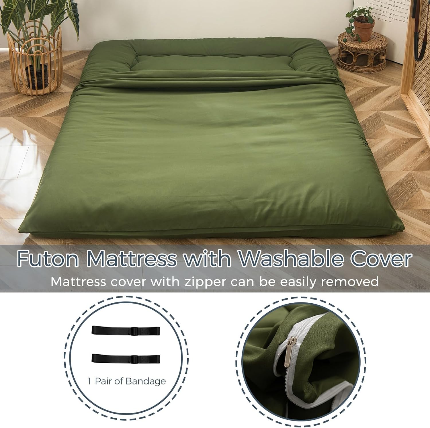 MAXYOYO 6' Extra Thick Japanese Floor Mattress Futon Mattress, Foldable Tatami Pad for Adults, Roll Up Floor Mat for Living Room Guest Room RV, Green, Twin