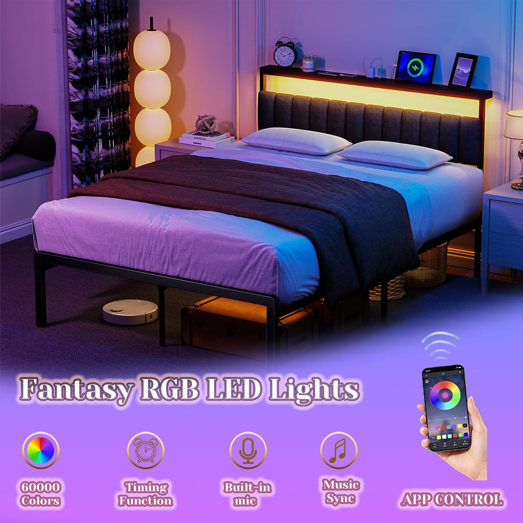 Full Bed Frame with Headboard, Sturdy Metal Bed Frame with Led Light&Charging Station, Bed Frame Full Size Noise-Free/AssemblyEasily, Double Bed Frame for Individual, Black Full Size Bed Frame