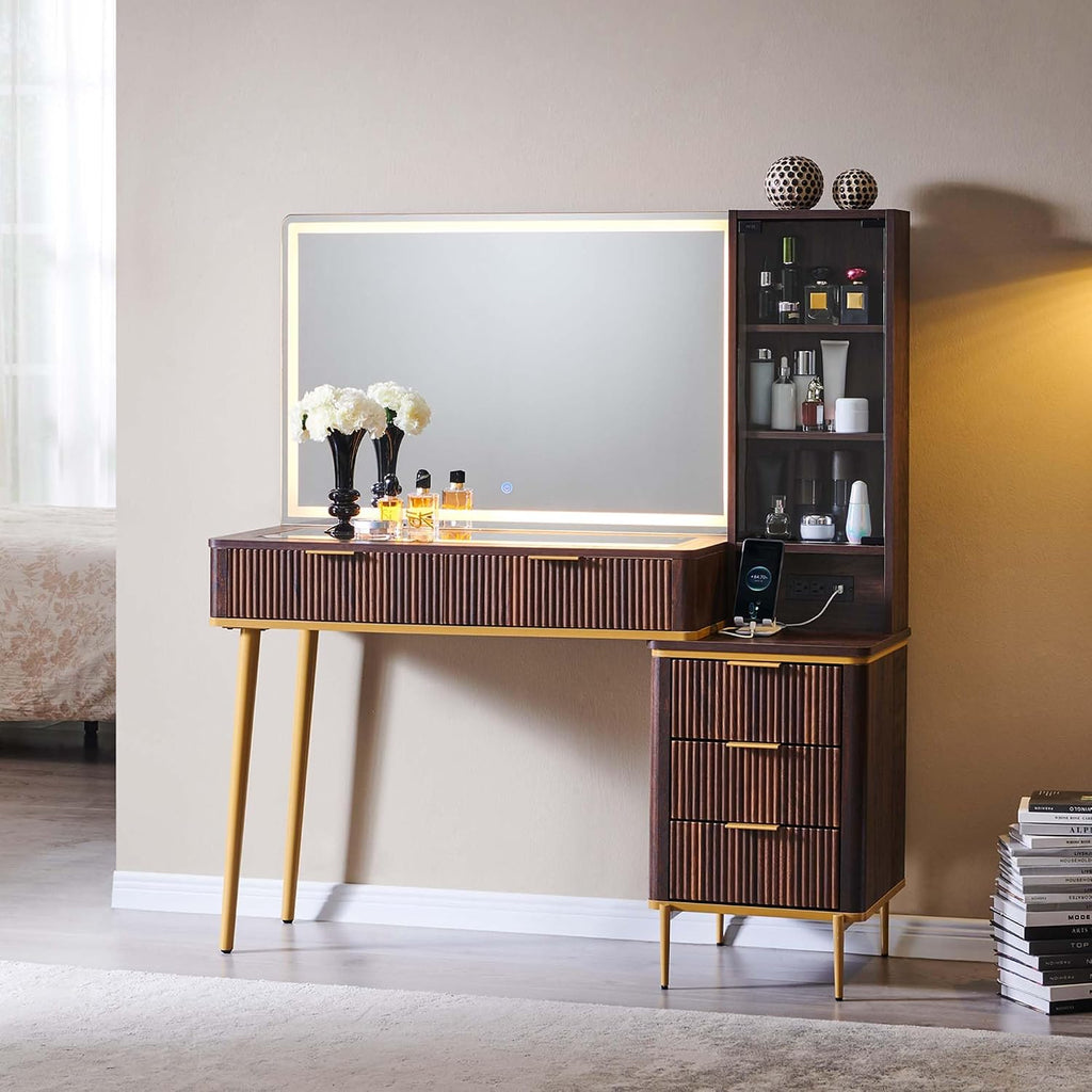 T4TREAM Fluted Makeup Vanity Desk with 36' HD Lighted Mirror, 48' Big Modern Vanity Desk with Mirror and Lights, Dressing Table with 5 Drawers & Shelves, Glass Top for Bedroom, Dark Walnut
