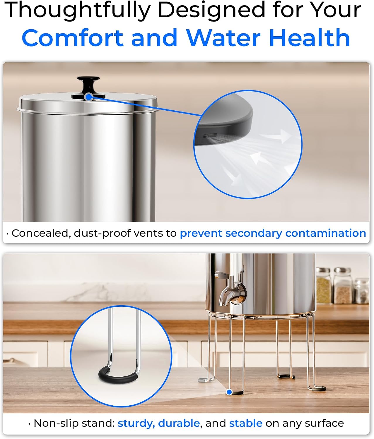 Waterdrop TK-A-S Gravity Water Filter System, NSF/ANSI 42&372 Standard, Reduces Lead and Chlorine, Stainless-Steel Water System with 2 Filters and Metal Spigot for Home, Emergencies, 2.25G