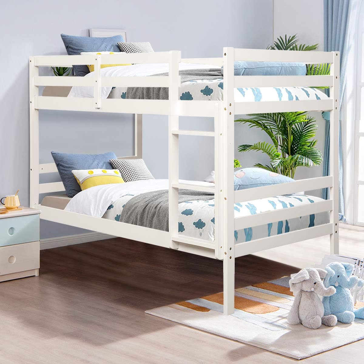 Costzon Twin Over Twin Bunk Beds, Wood Convertible Two Beds, Solid Rubberwood Bunk Bed with 1 Pcs Built-in Ladder and Safety Rails, No Box Spring Needed, Space Saving Bed Frame for Bedroom (White)