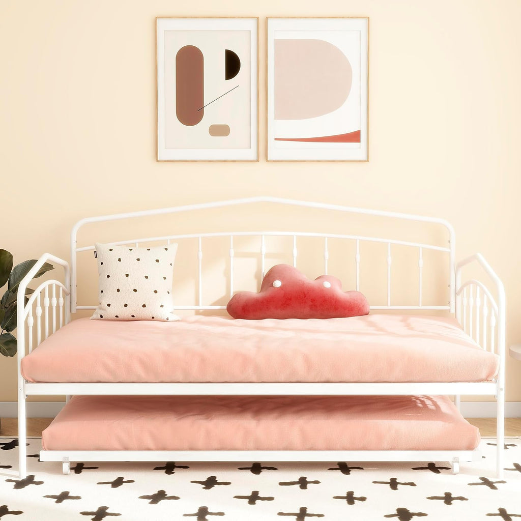 Twin Daybed with Trundle,Metal Sofa Bed Set,Rollaway Daybed Couch Bed Frame for Bedroom Living Room Guest Room White