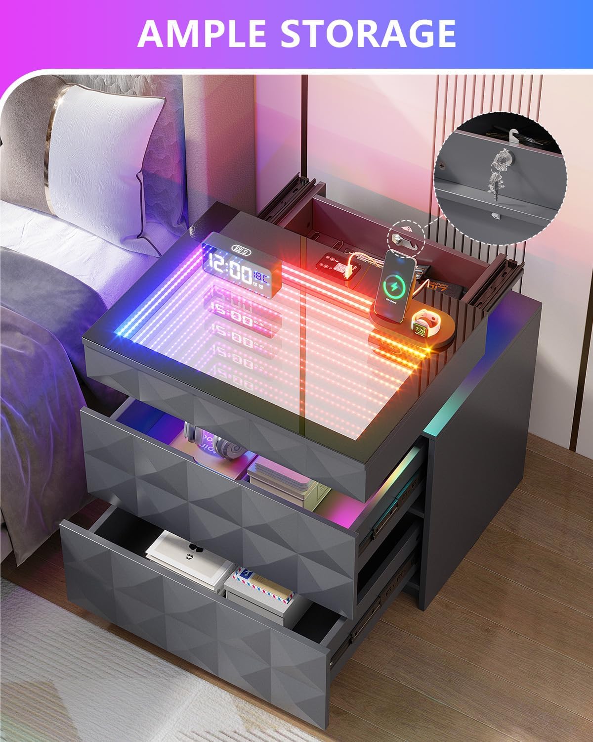 Night Stand Set 2 with Charger Station & RGB Lights, 3 Drawers Bedside Table with Sliding Top, Modern Night Stands with Human Body Sensor for Bedroom, Grey