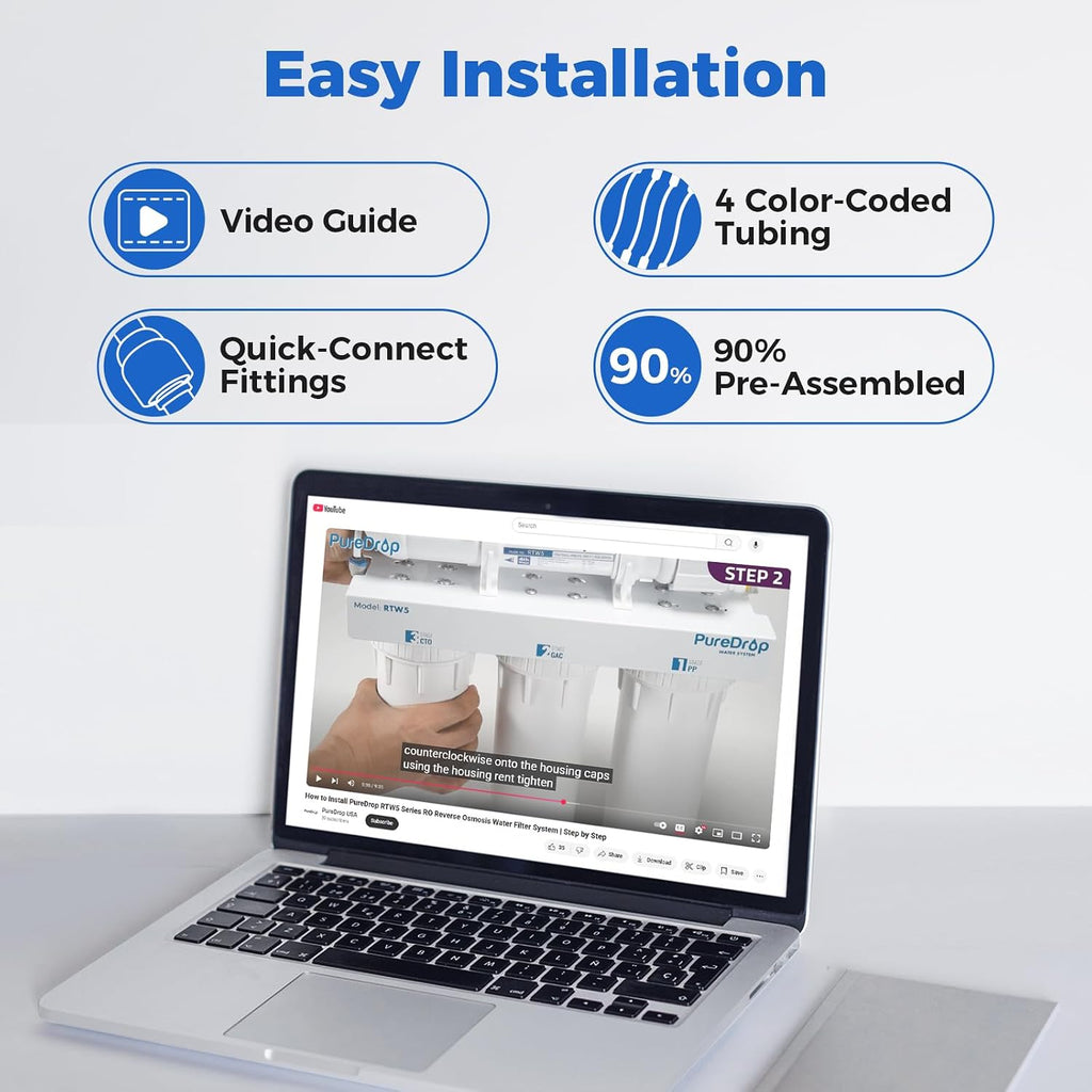 PureDrop RTW5AK SGS-Tested Reverse Osmosis Alkaline Water Filter System, 6 Stage pH+ Alkaline Remineralization Under Sink RO Water Filtration System Plus Extra 3 Filters, 50 GPD