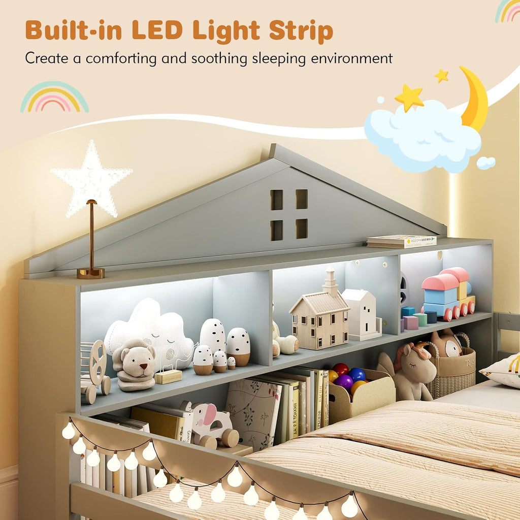 BECOMFORT Twin Floor Bed with LED Lights, 2-in-1 Kids Twin Floor Bed Frame with Bedside Bookcase & Safety Guardrails, Montessori Bed for Boys Girls