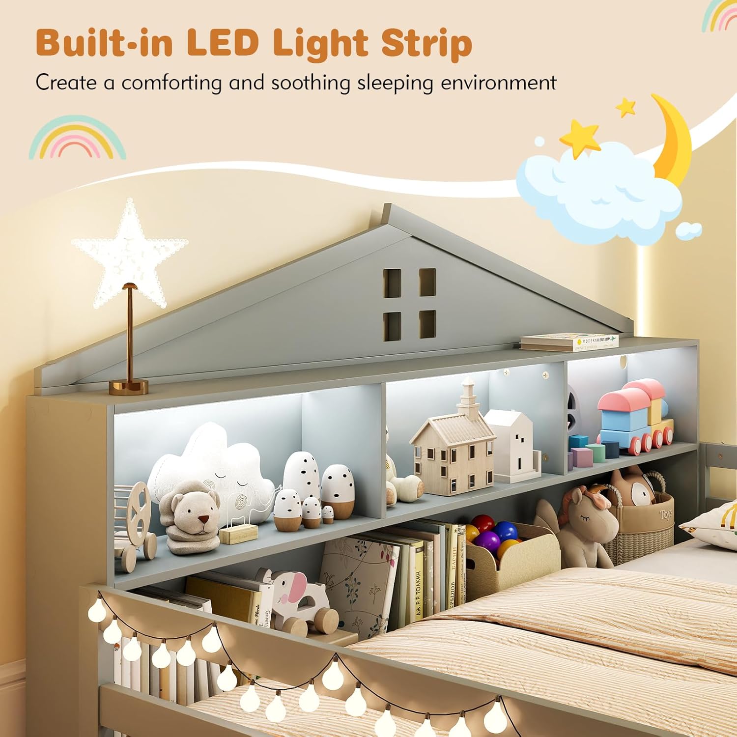 BECOMFORT Twin Floor Bed with LED Lights, 2-in-1 Kids Twin Floor Bed Frame with Bedside Bookcase & Safety Guardrails, Montessori Bed for Boys Girls