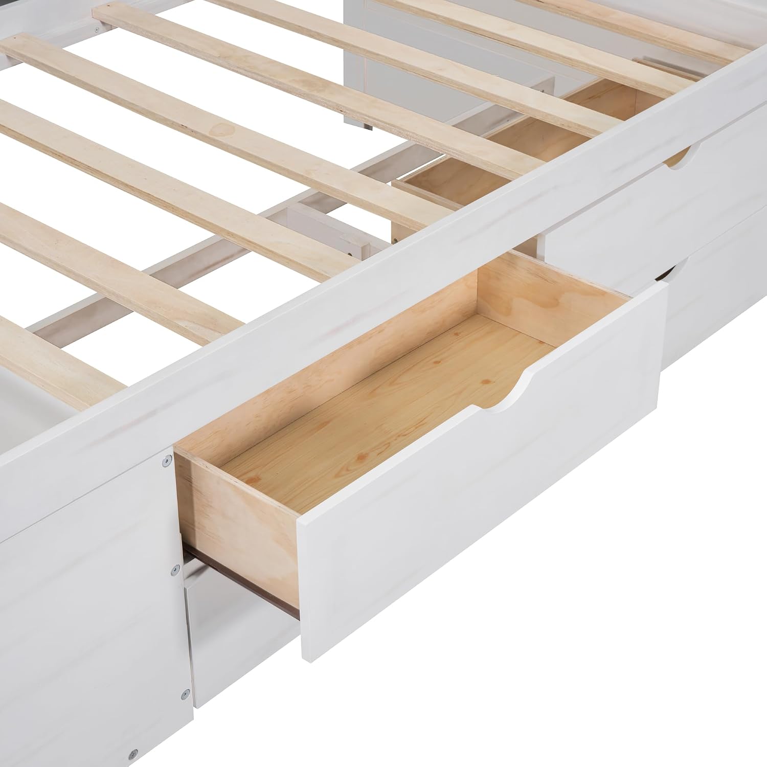 Twin Size Daybed with 4 Pull-Out Drawers and 3 Functioning Shelves,Solid Wood Day Bed Frame with Wooden Slats Support for Bedroom,No Box Spring Required (White-AB40)
