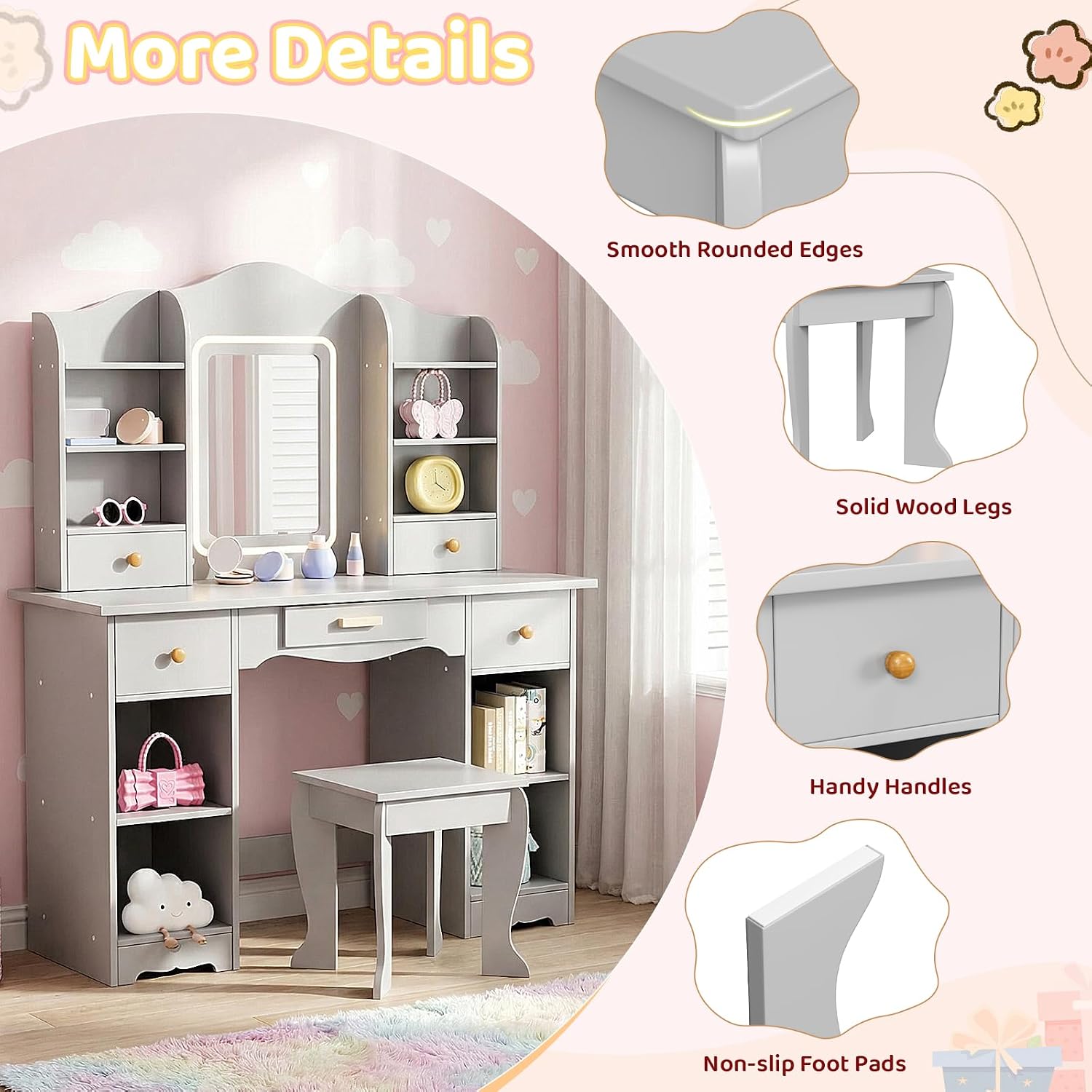 Arlopu Kids Vanity with 3-Color Lights, Girls Vanity Set w/Large Storage, Mirror ＆ Stool, 2 in 1 Princess Wooden Pretend Play Makeup Desk, Dressing Table and Chair, Open Shelves, Drawer (Grey)