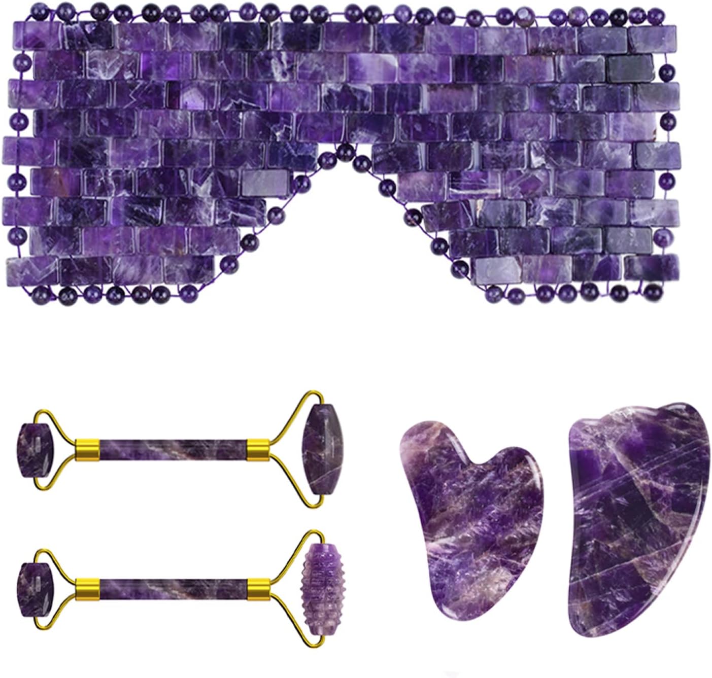 Amethyst Jade Roller Gua Sha Board for Face Lifting Natural Purple Crystal Eye Mask Facial Skin Care Tool,5in1 Set A
