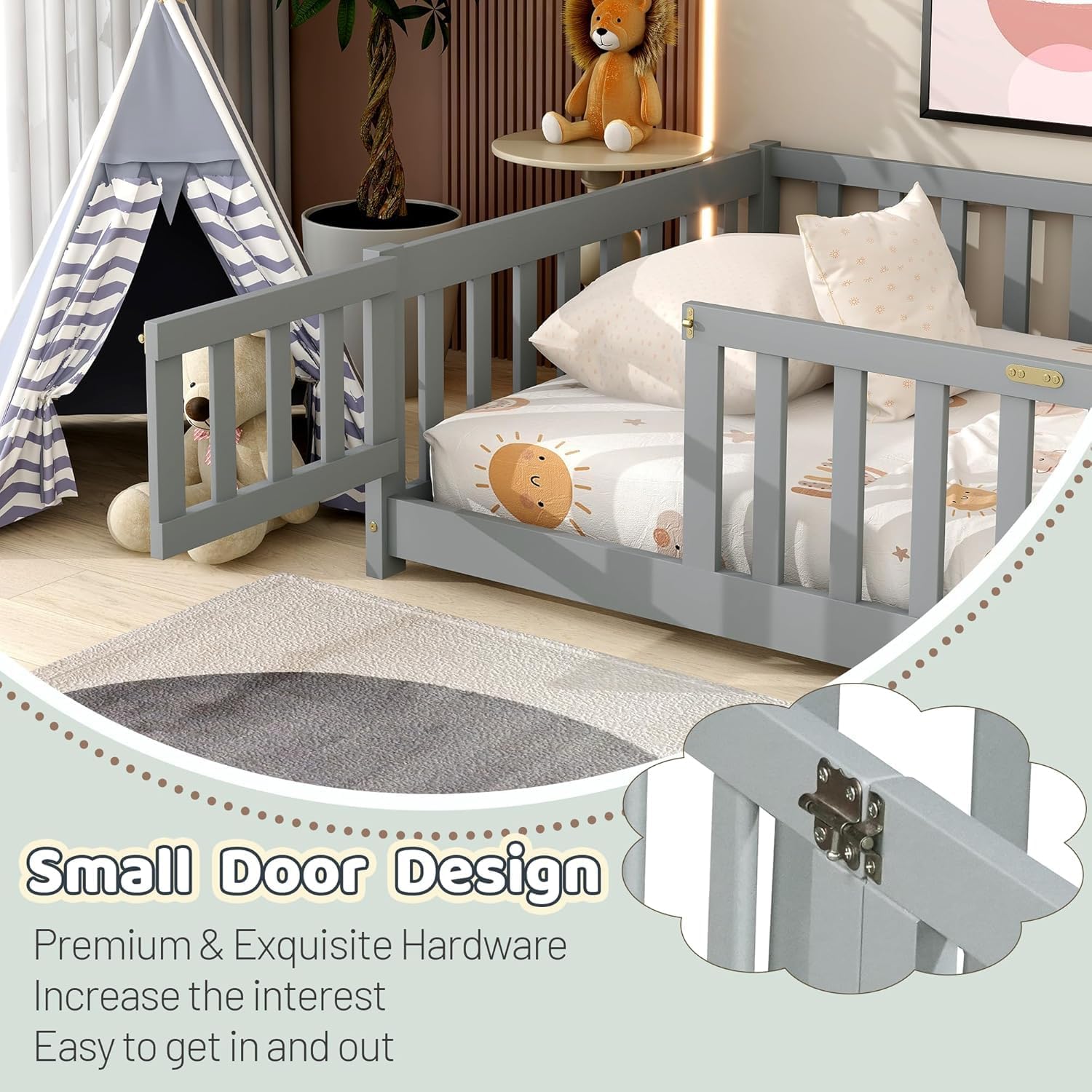Full Size Floor Bed for Kids, Wooden Montessori Bed Frame with Door, Montessori Floor Bed with Rails for Boys and Girls, No Box Spring Needed, Grey