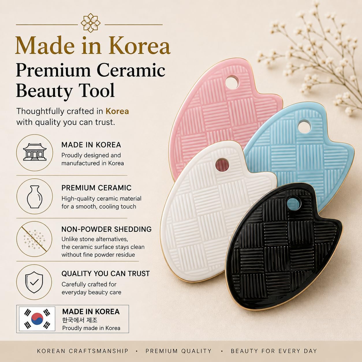 Gua Sha Facial Tool, Made with Premium Gold and Natural Ceramic Stone Face Massager for Jawline Sculpting, Puffiness & Lymphatic Drainage, Guasha Skin Care Tool for Women (Black)
