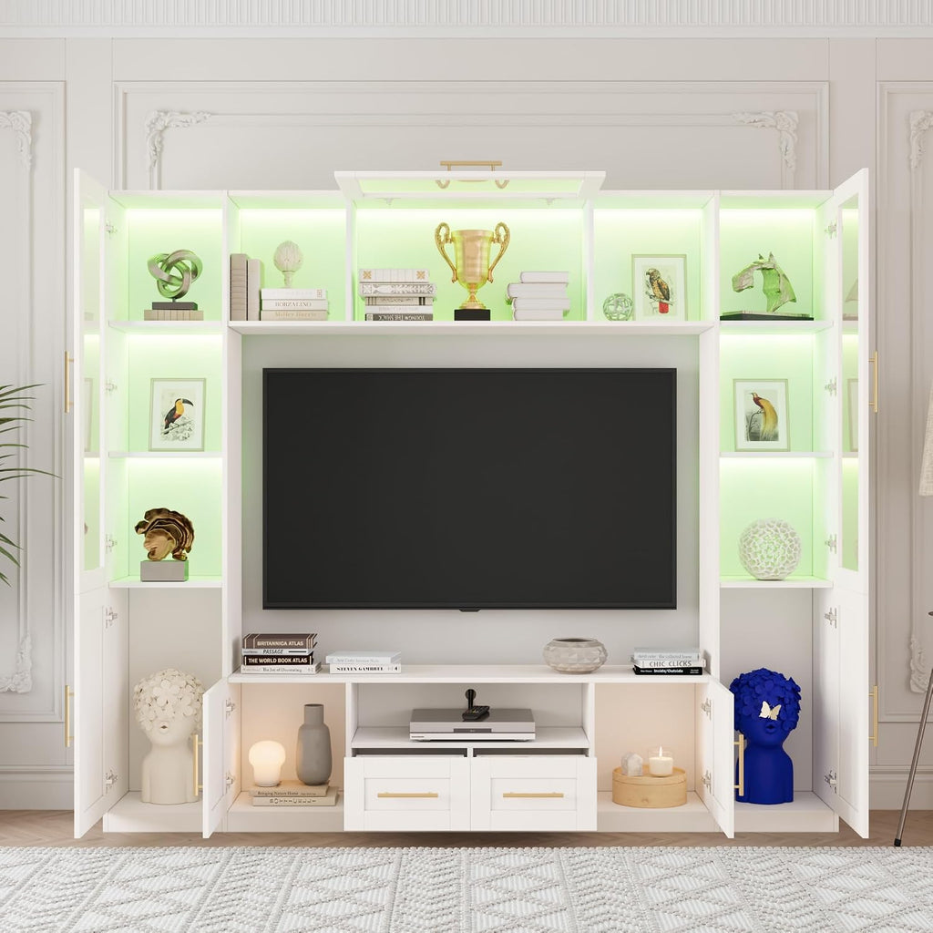 Bobve 94' Wall Unit Entertainment Center for TVs up to 70',Modern TV Console with APP LED Lights,Multifunctional TV Stand with Tempered Glass Door,Drawers & Shelves for Living Room,White