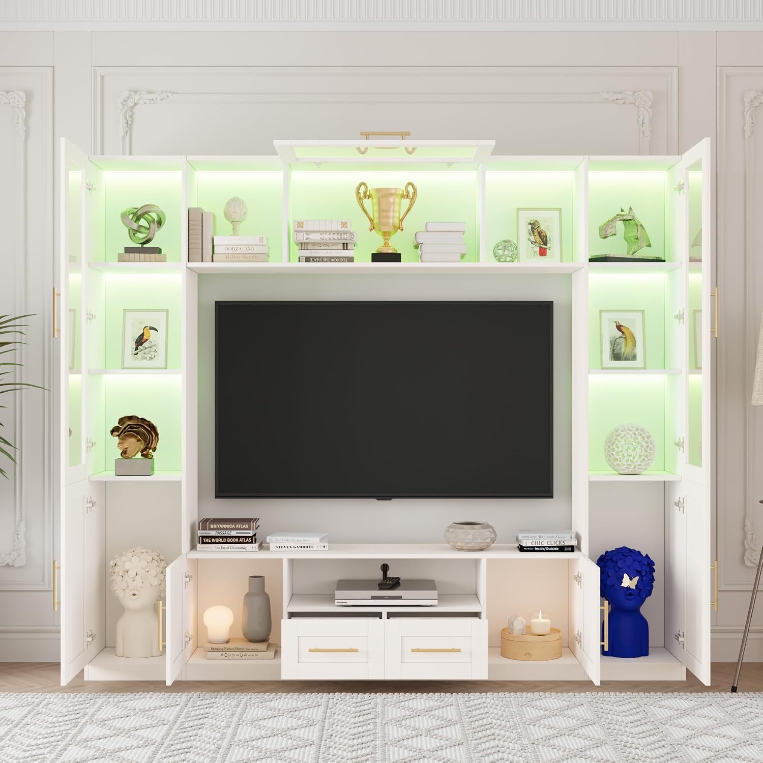 Bobve 94' Wall Unit Entertainment Center for TVs up to 70',Modern TV Console with APP LED Lights,Multifunctional TV Stand with Tempered Glass Door,Drawers & Shelves for Living Room,White