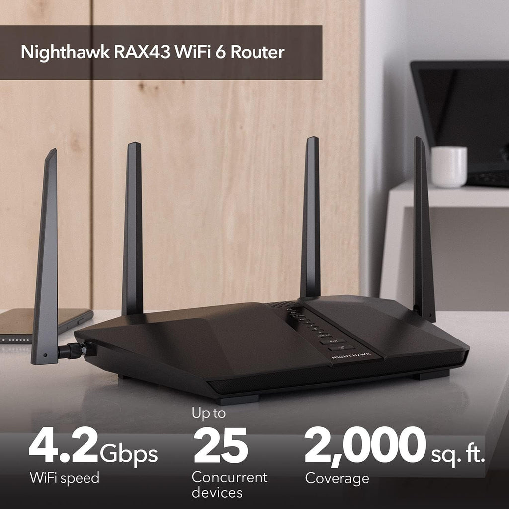 NETGEAR Nighthawk WiFi 6 Router (RAX43) - Security Features, 5-Stream Dual-Band Gigabit Router, AX4200 Wireless Speed (Up to 4.2 Gbps), Covers up to 2,500 sq.ft. and 25 Devices
